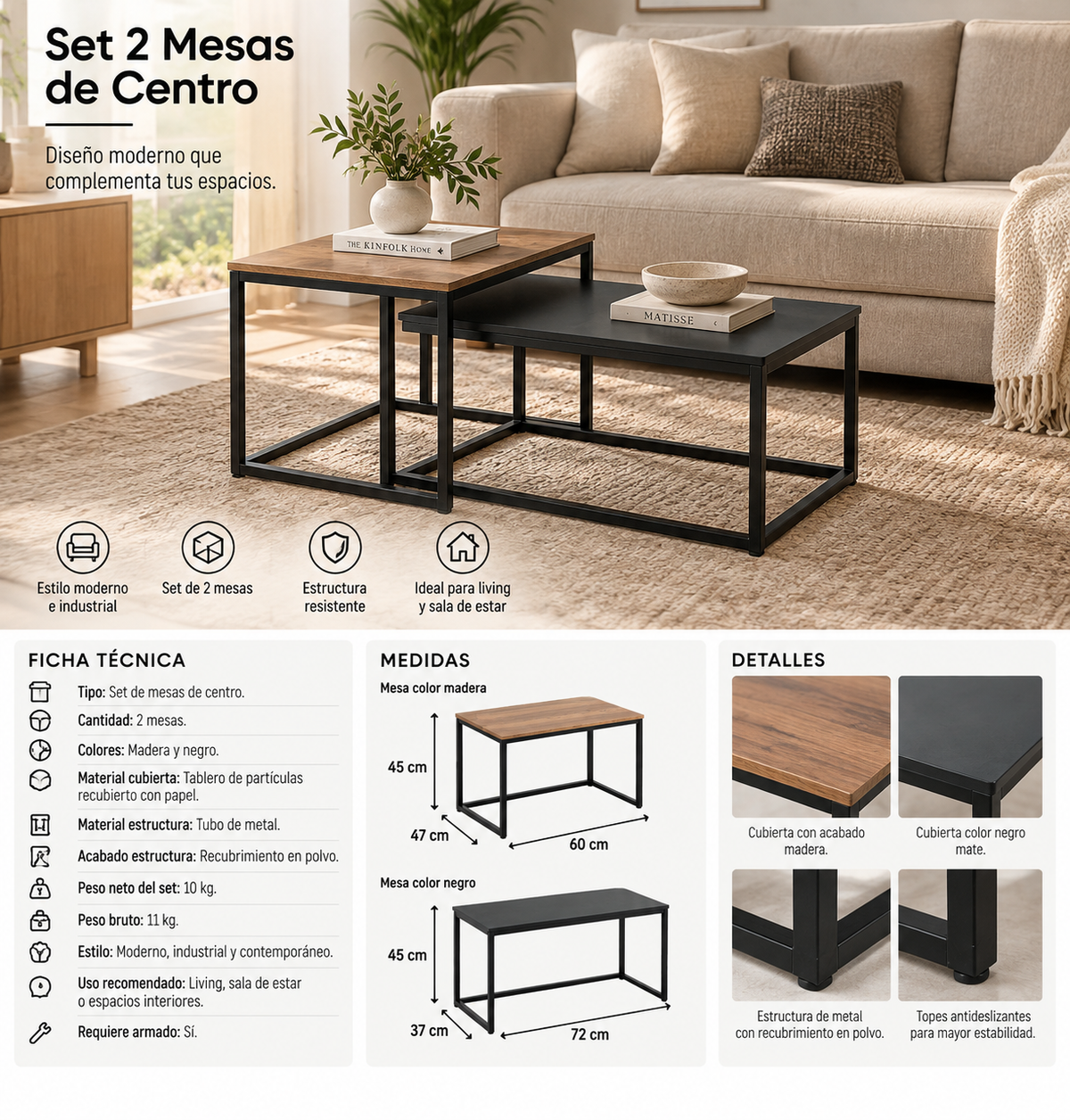 Set 2 Mesas Centro Wood Black