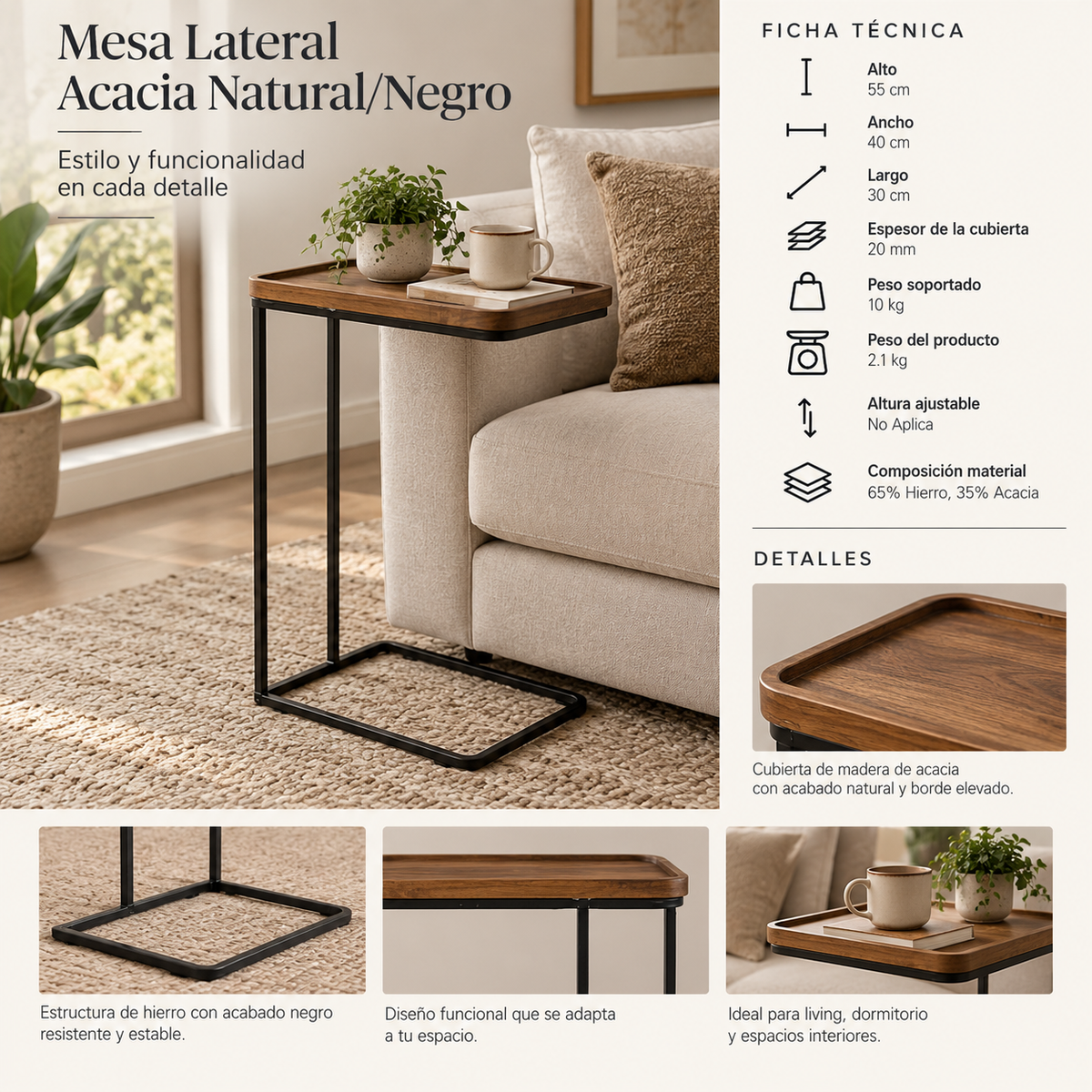 Mesa Lateral Acacia Natural/Negro