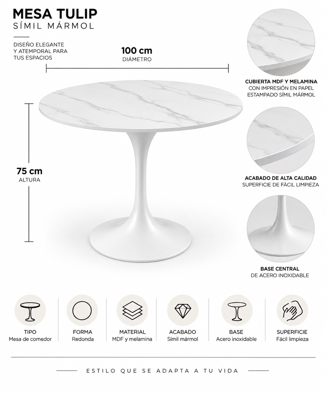 Mesa de Comedor Tulip Símil Mármol 100cm