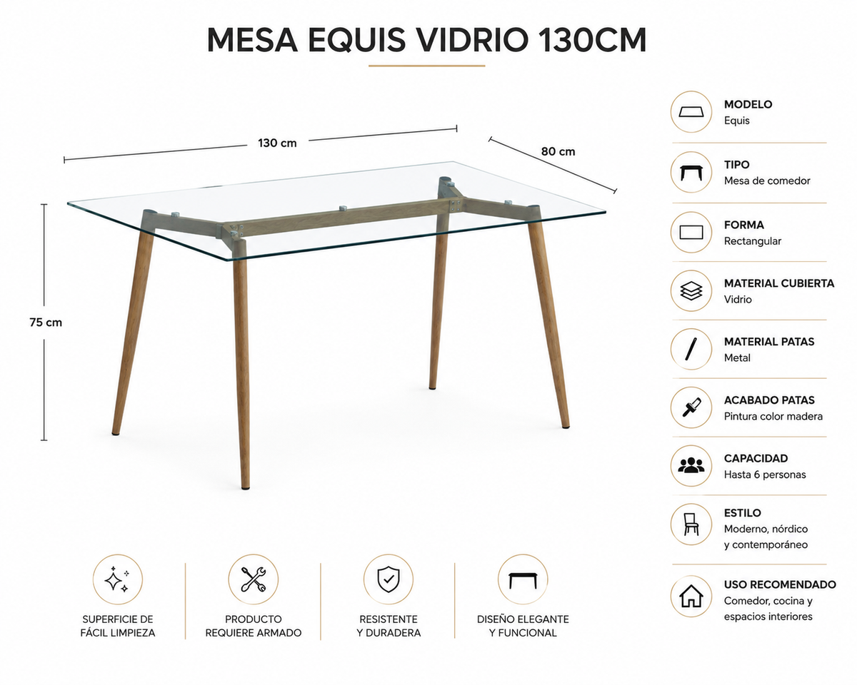 Mesa Equis Vidrio 130 Cm