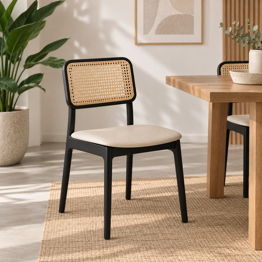 Silla de Comedor con Respaldo de Ratán y Asiento Tapizado - Beige