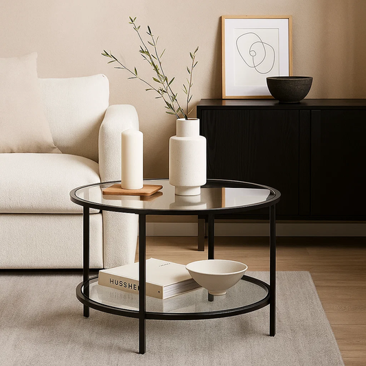 Mesa de Centro Orbe con Vidrio y Metal Negro
