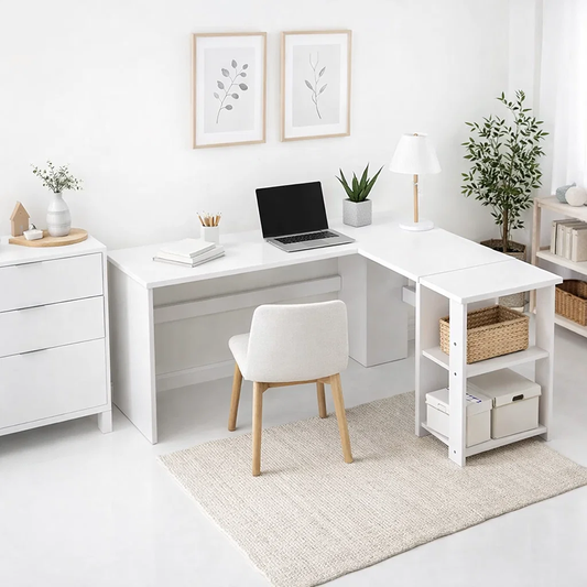 Escritorio Luma Corner en L Blanca con Repisas