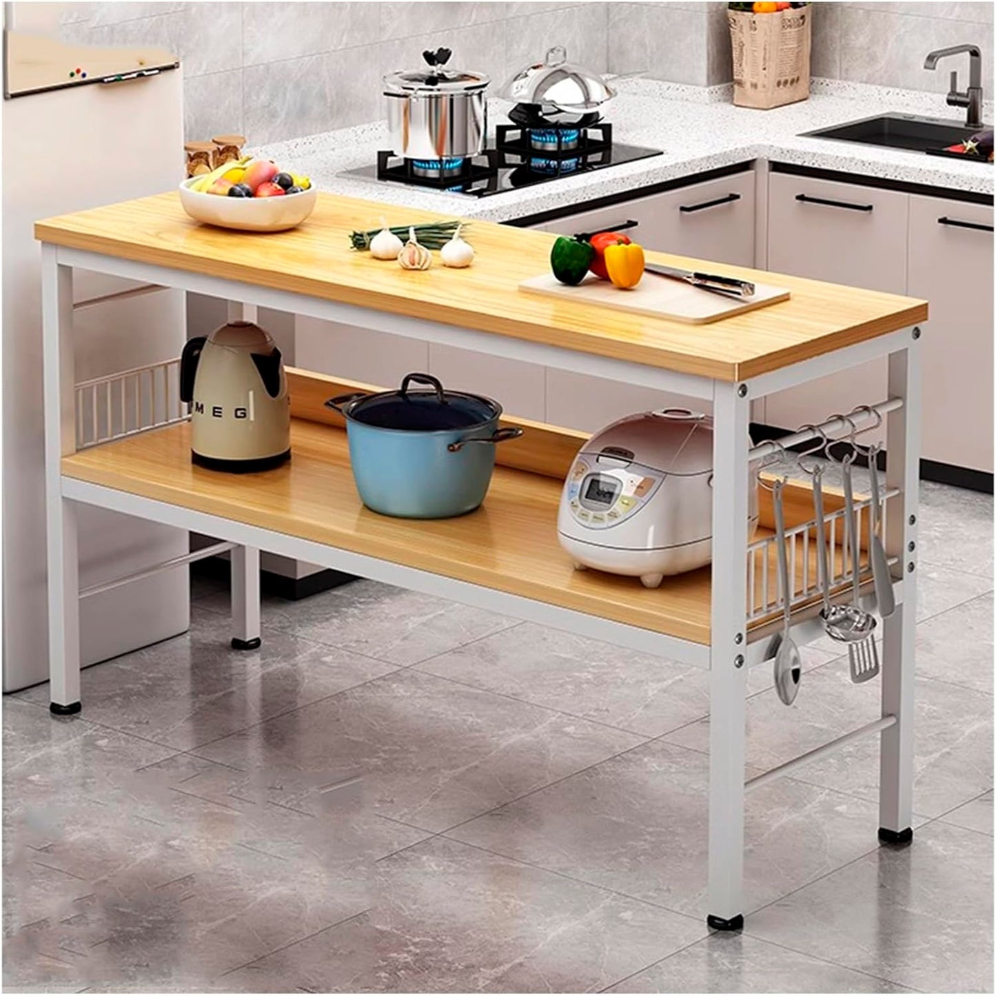 Mesa de cocina organizadora 2 niveles metal y madera