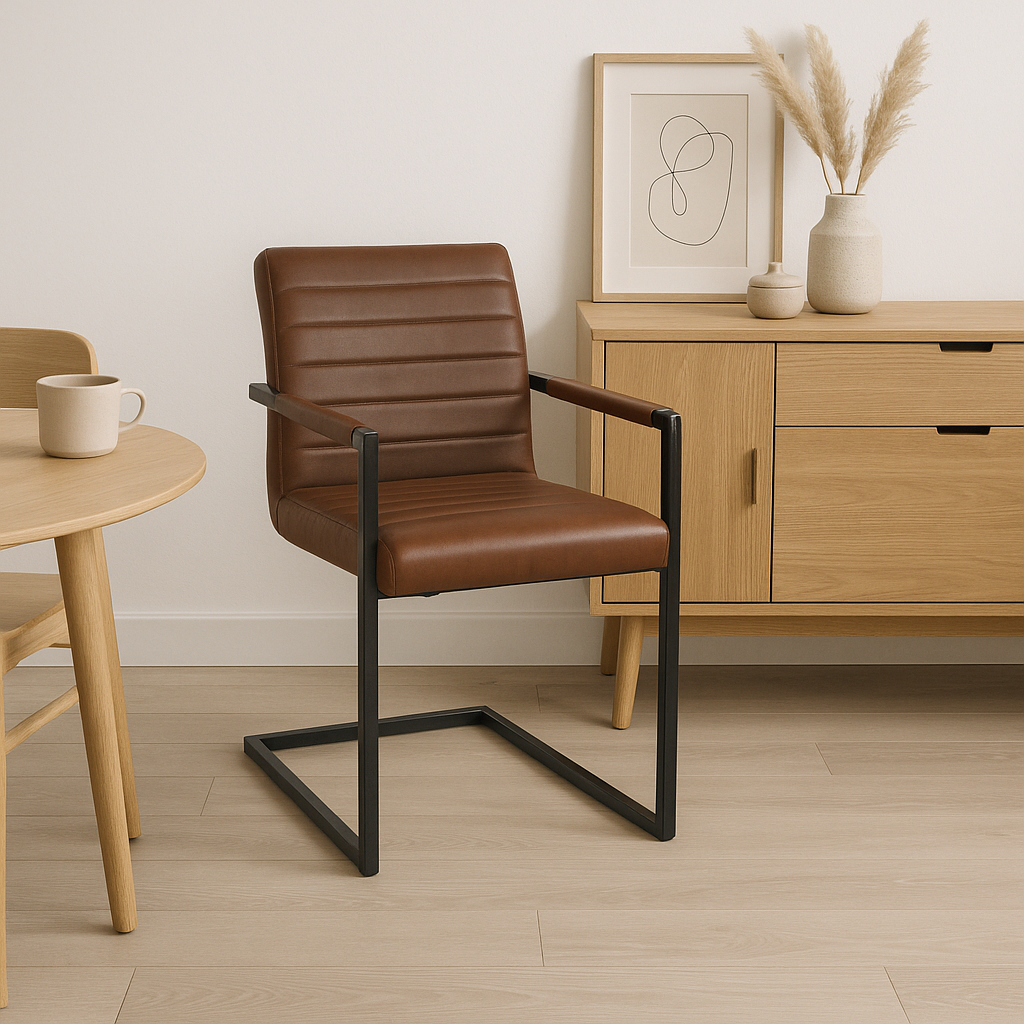 Silla Industrial de Cuero Sintético Marrón con Base Metálica
