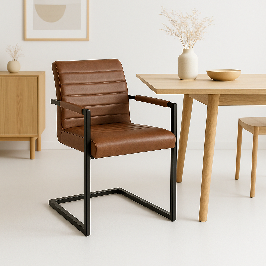 Silla Industrial de Cuero Sintético Marrón con Base Metálica