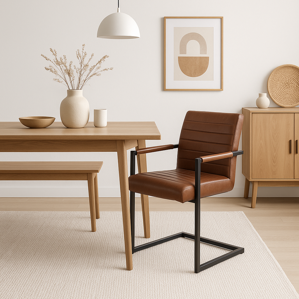 Silla Industrial de Cuero Sintético Marrón con Base Metálica