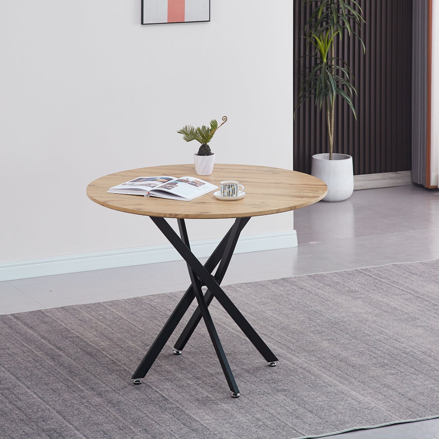 Mesa de comedor redonda 100cm color madera enrejada