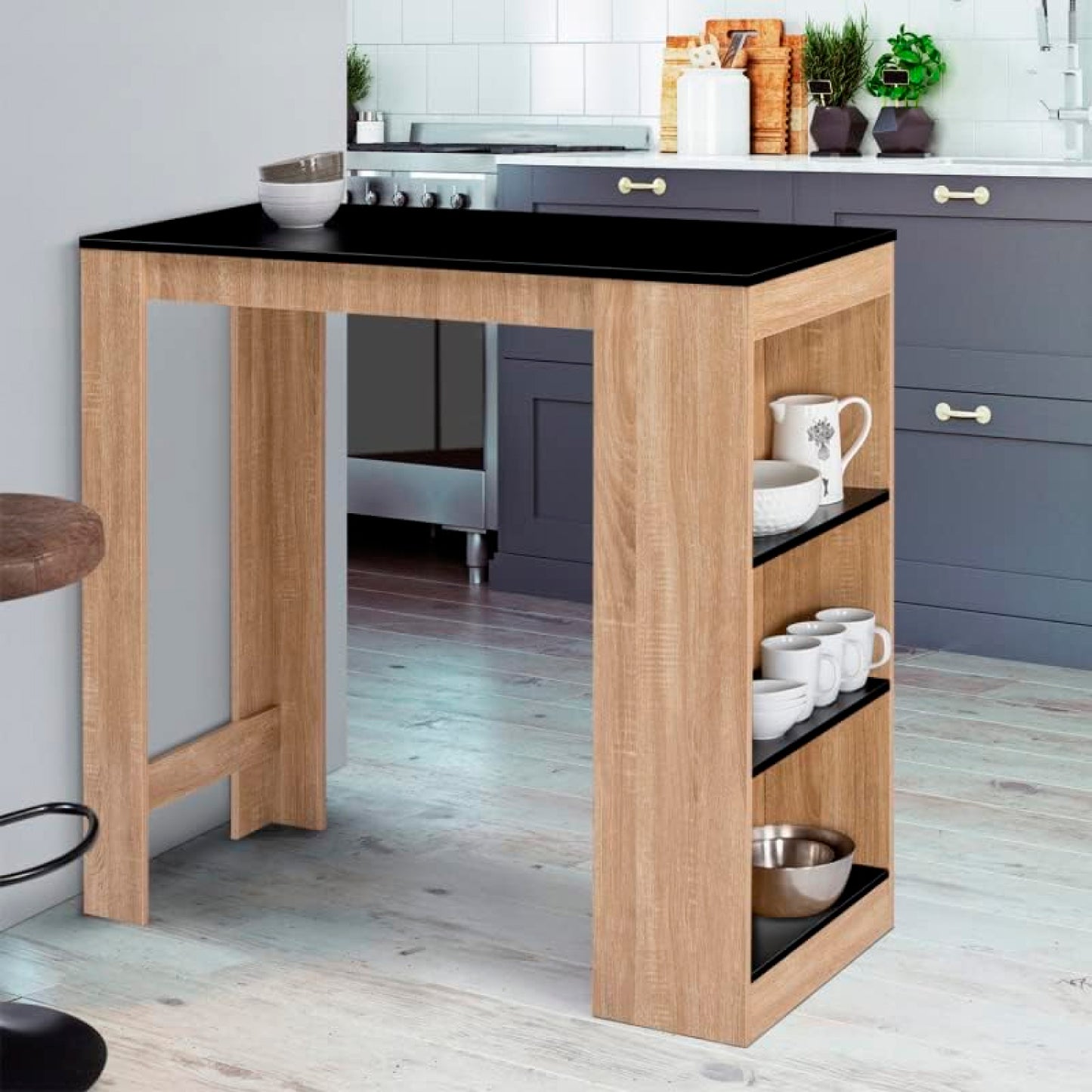Mesa de cocina organizadora alta color madera y negro