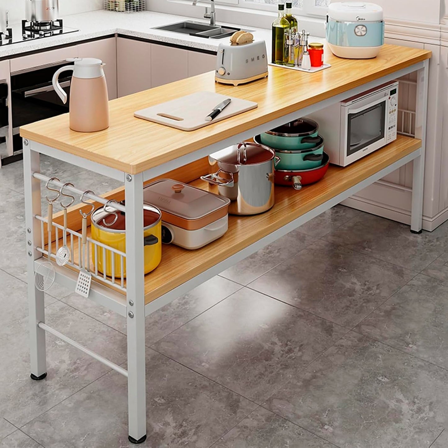 Mesa de cocina organizadora 2 niveles metal y madera
