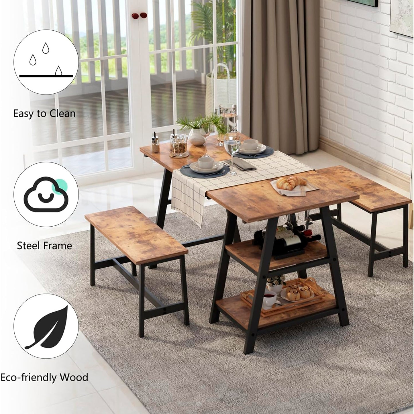 Comedor industrial con repisas y banquetas