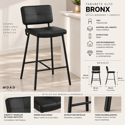 Taburete Alto Bronx Negro Vintage con Patas Metálicas Negras