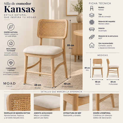 Pack de 2 Sillas Kansas de Estilo Natural Con Respaldo Tejido y Asiento Acolchado