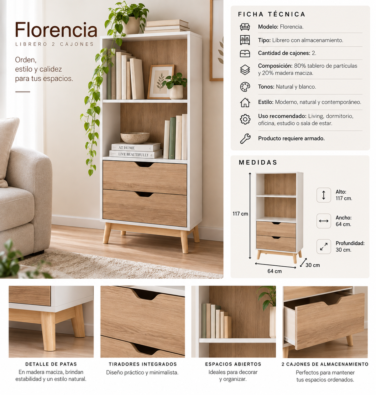 Librero 2 Cajones Florencia Natural/Blanco