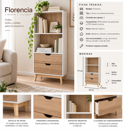 Librero 2 Cajones Florencia Natural/Blanco
