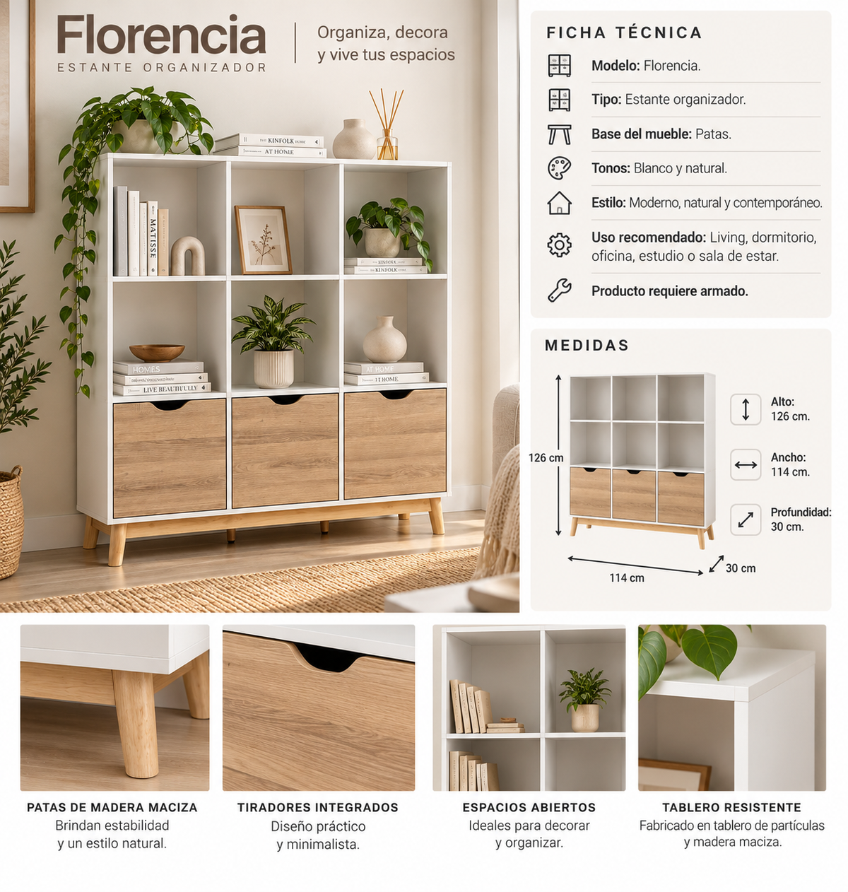 Estante Organizador Florencia Blanco/Natural