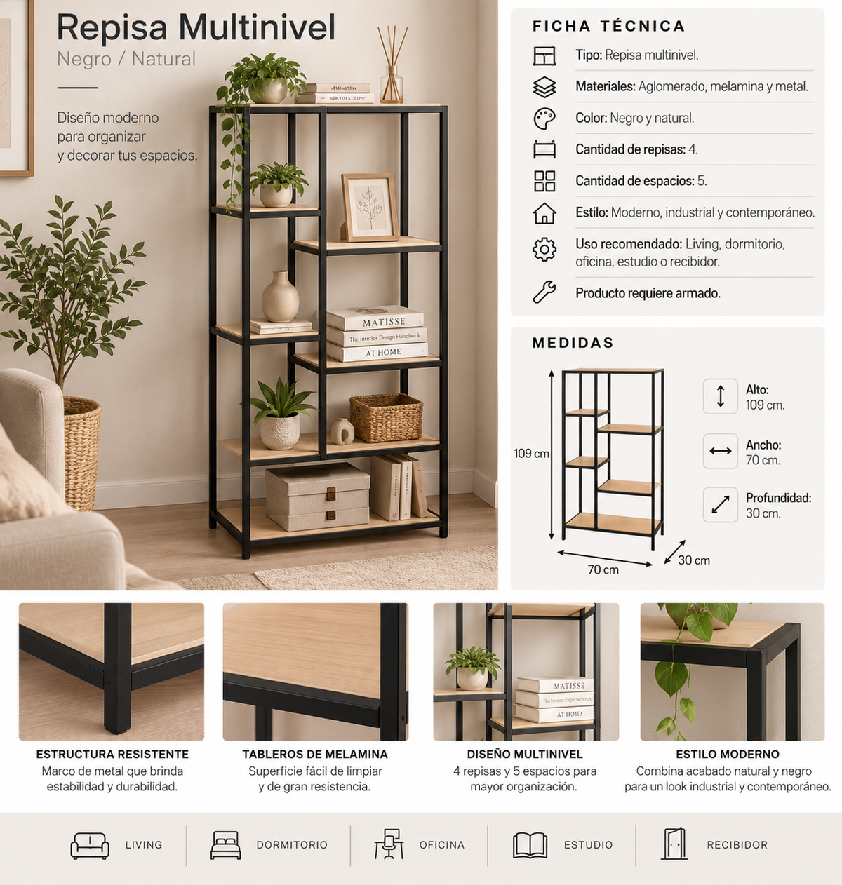 Repisa Multinivel Negro/Natural