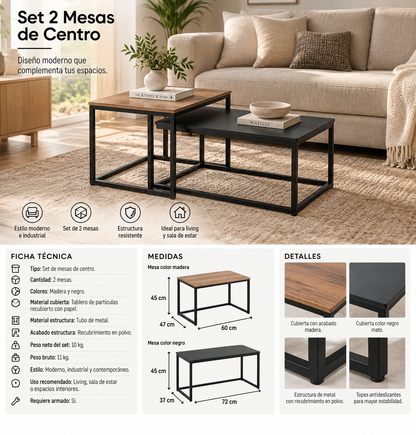 Set 2 Mesas Centro Wood Black