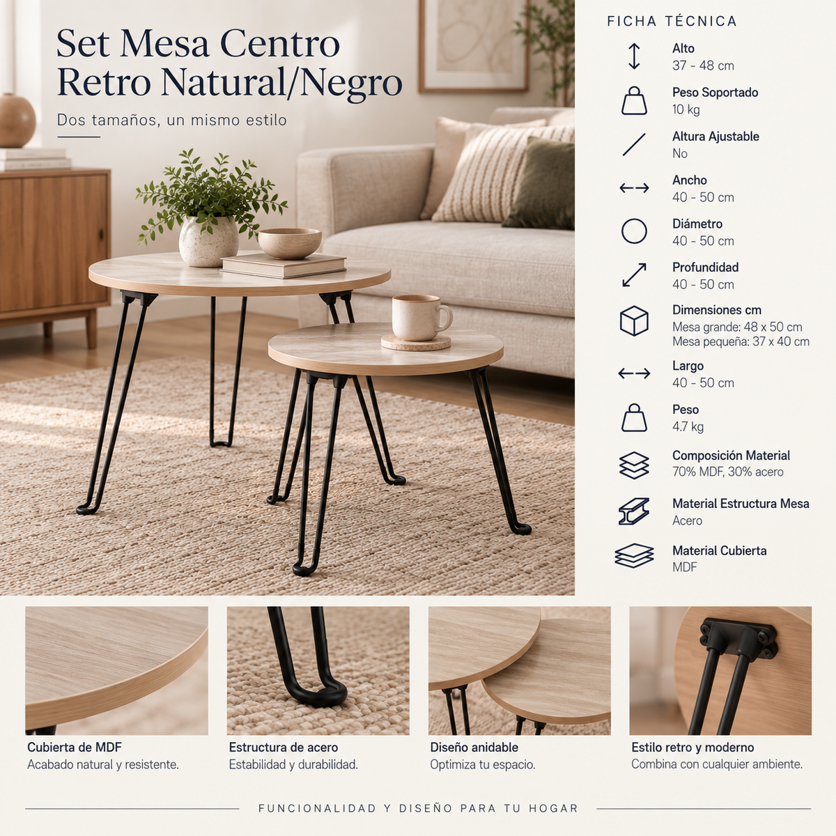 Set Mesa Centro Retro Natural/Negro 2 Piezas