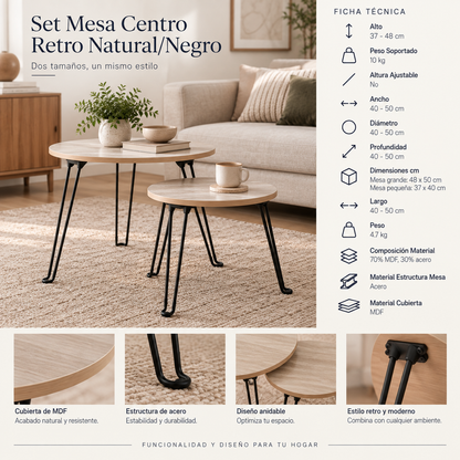 Set Mesa Centro Retro Natural/Negro 2 Piezas