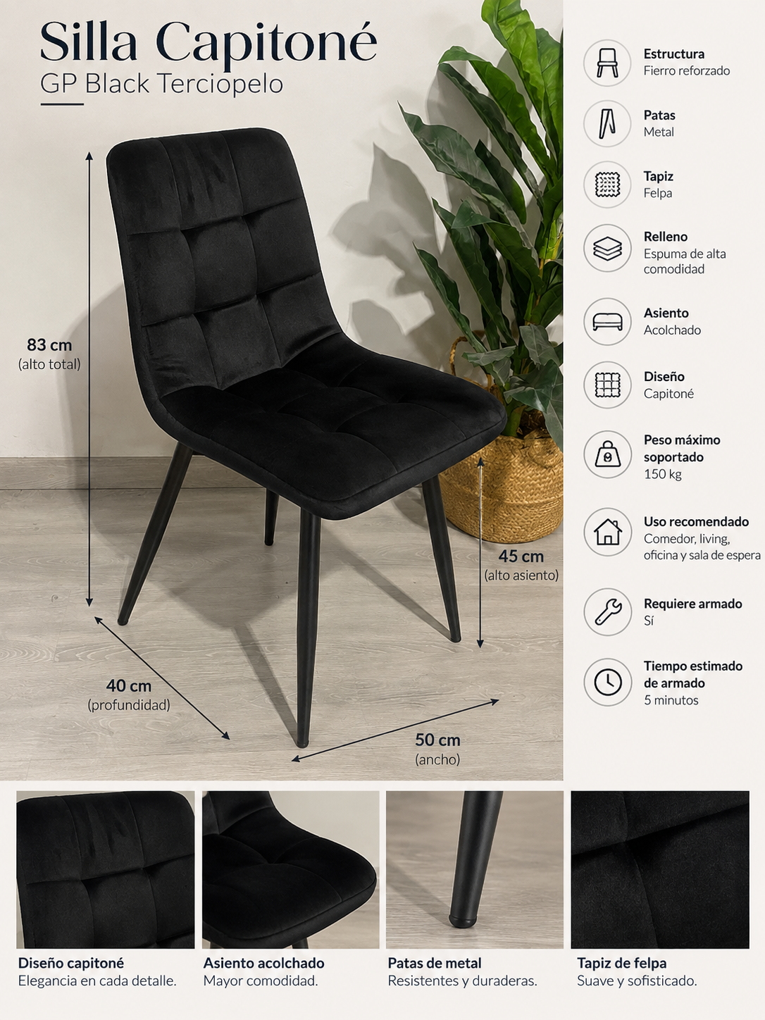 Silla Capitone GP Black Terciopelo