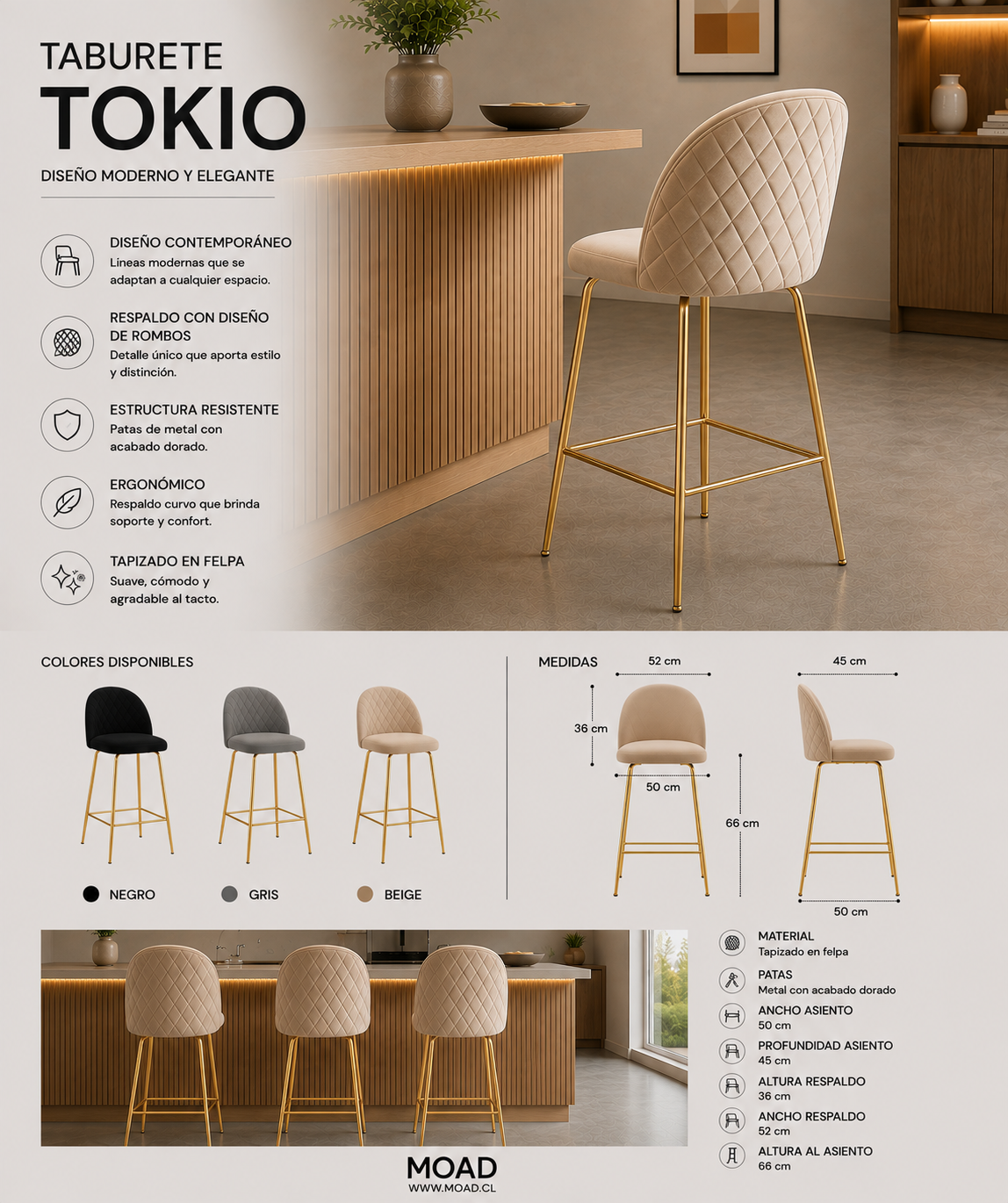 Pack 4 Taburetes Tokio Gold 66cm