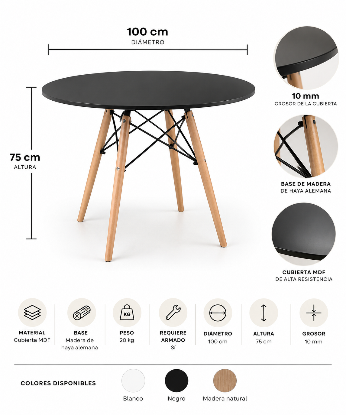 Mesa de Comedor Eames Redonda 100cm