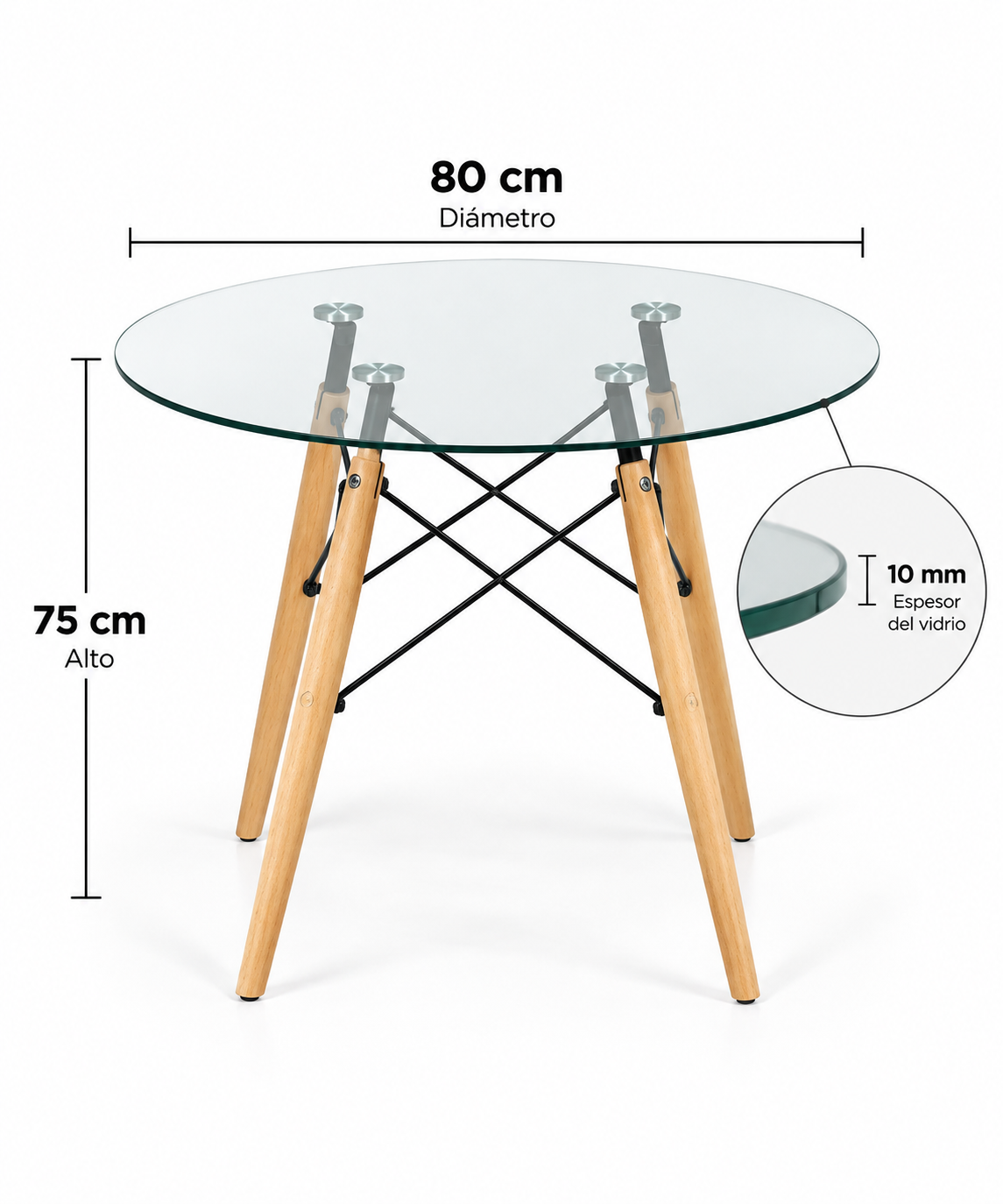 Mesa Eames Redonda Vidrio 80cm