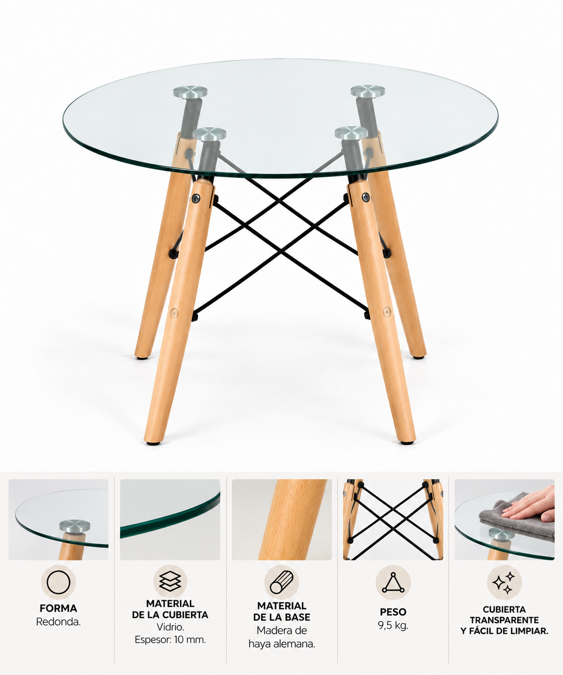 Mesa Eames Redonda Vidrio 80cm