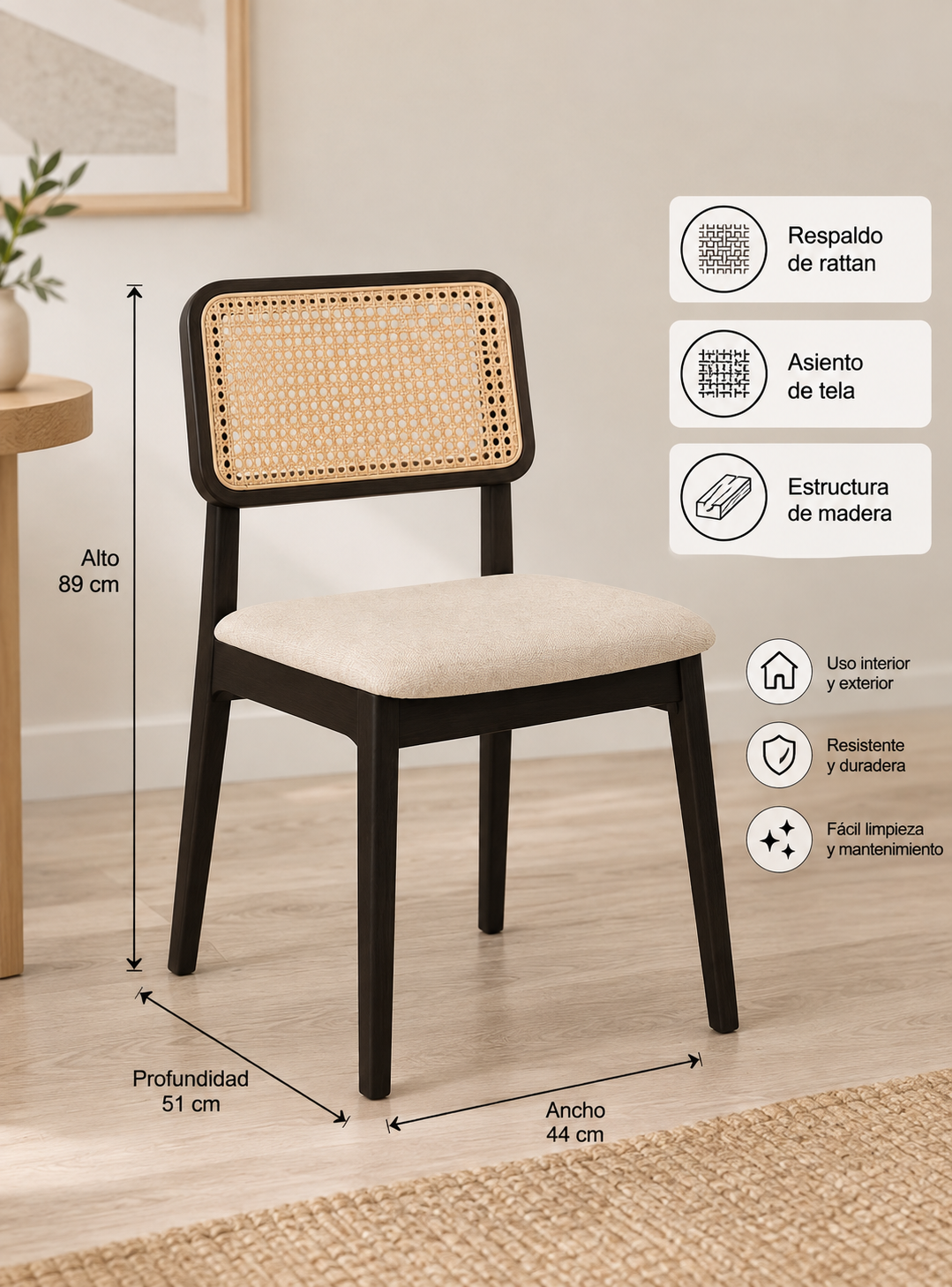 Pack de 2 Sillas de Comedor con Respaldo de Ratán y Asiento Tapizado – Beige