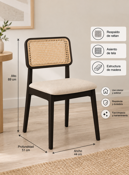 Pack de 2 Sillas de Comedor con Respaldo de Ratán y Asiento Tapizado – Beige