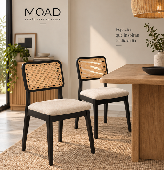 Pack de 2 Sillas de Comedor con Respaldo de Ratán y Asiento Tapizado – Beige