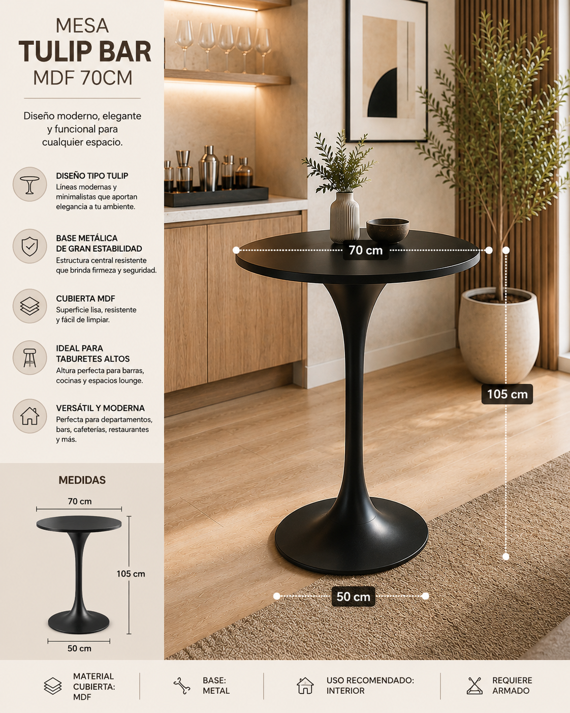 Mesa Tulip Bar MDF 70cm