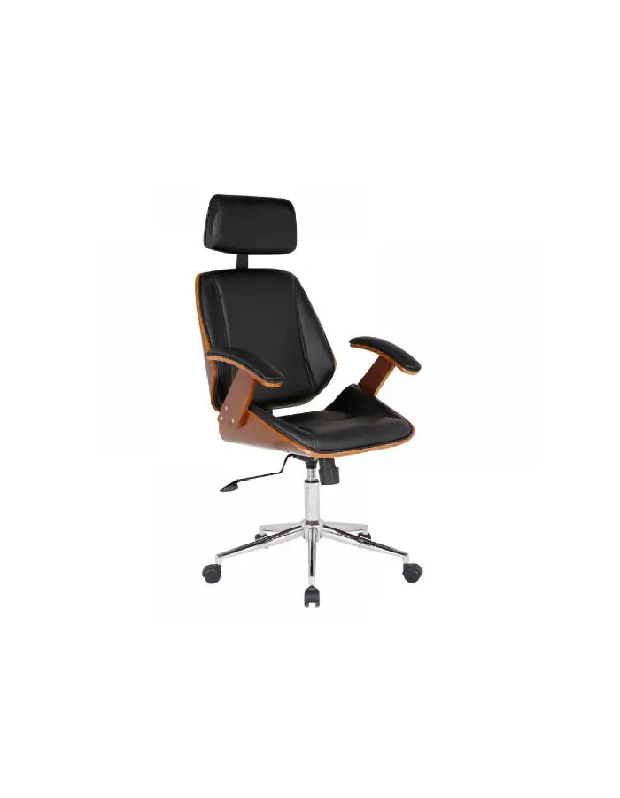 Silla oficina cuero negra con apoyabrazos madera y respaldo cabeza
