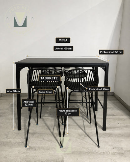Set Terraza Tropea Rectangular Black con 4 Taburetes