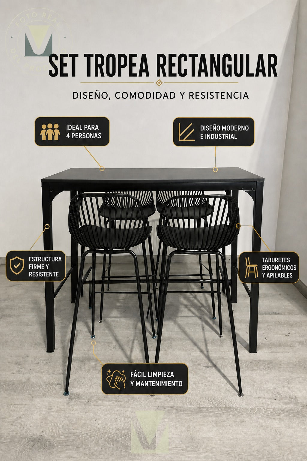 Set Terraza Tropea Rectangular Black con 4 Taburetes