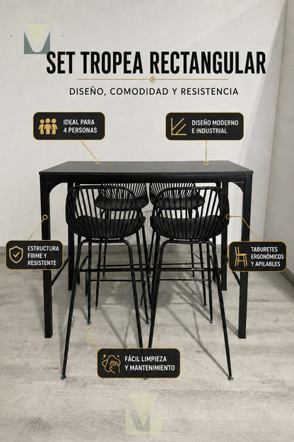 Set Terraza Tropea Rectangular Black con 4 Taburetes