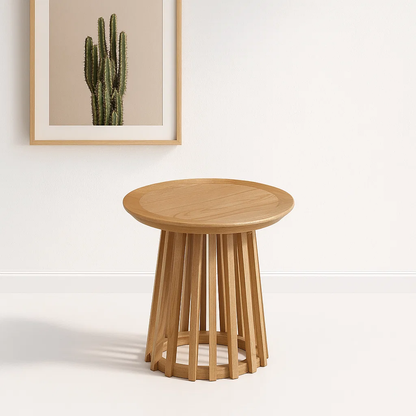 Mesa Redonda de 50 cm Madera Natural con Base Estilo Rejilla