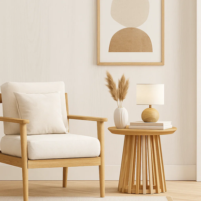 Mesa Redonda de 50 cm Madera Natural con Base Estilo Rejilla