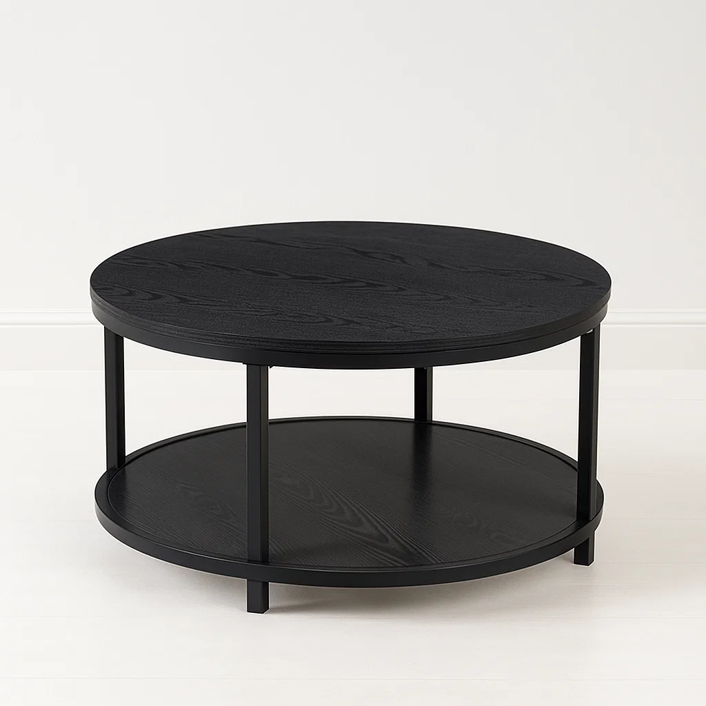 Mesa de Centro Redonda Negra - Diseño Moderno con Doble Nivel