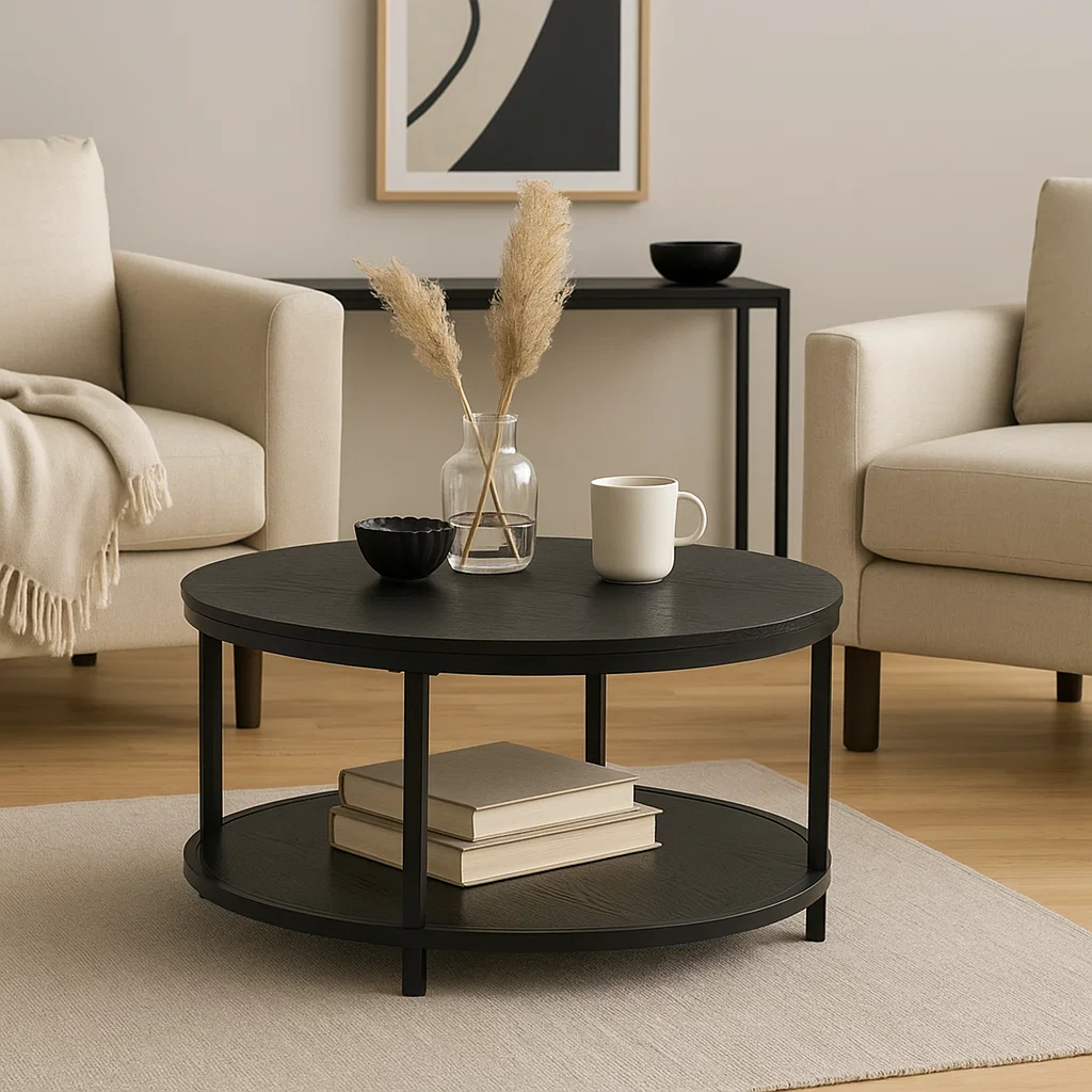 Mesa de Centro Redonda Negra - Diseño Moderno con Doble Nivel
