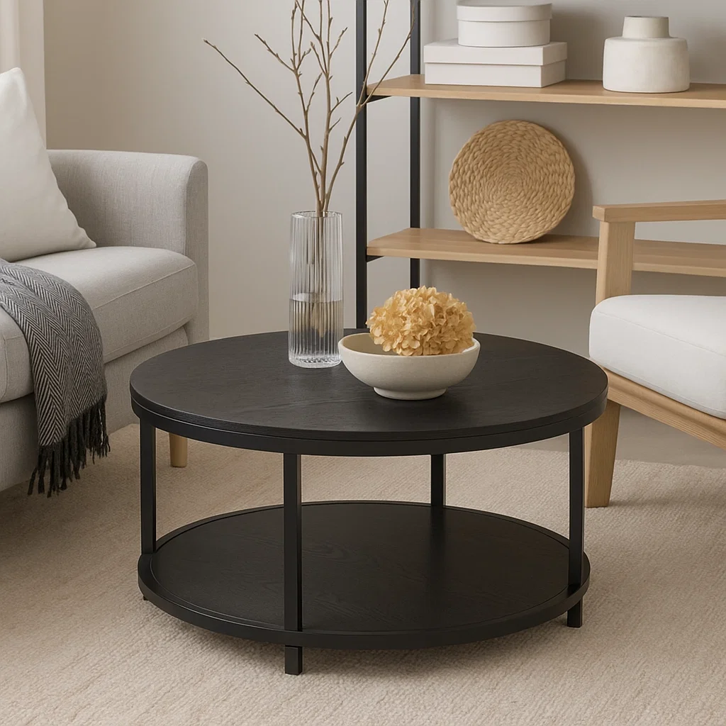 Mesa de Centro Redonda Negra - Diseño Moderno con Doble Nivel