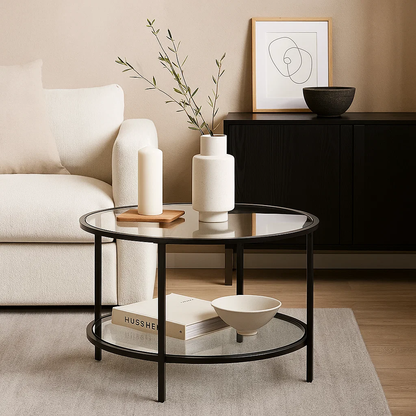 Mesa de Centro Orbe con Vidrio y Metal Negro