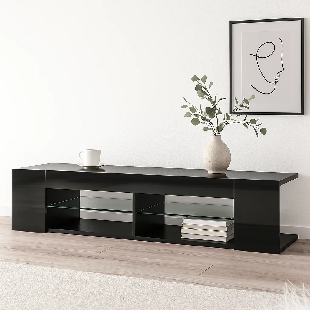 Mueble de TV Moderno Negro con Luces LED y Compartimentos