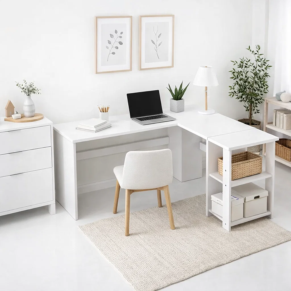 Escritorio Luma Corner en L Blanca con Repisas