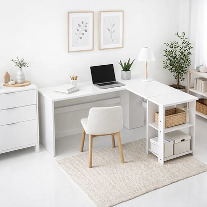 Escritorio Luma Corner en L Blanca con Repisas